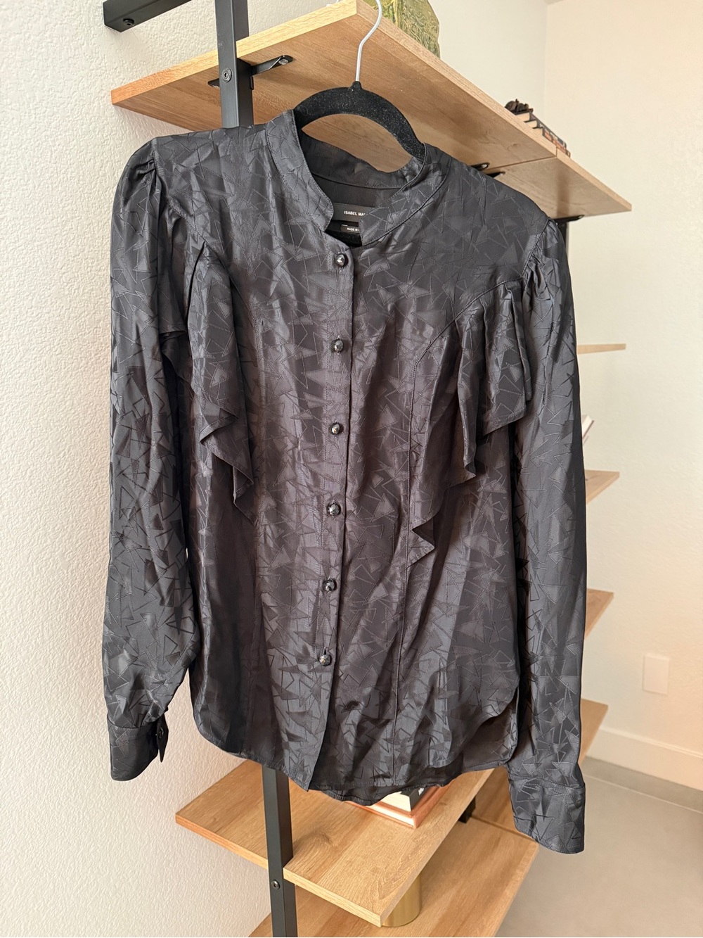 Isabel Marant printed viscose blouse in tonal black/charcoal geometric pattern.